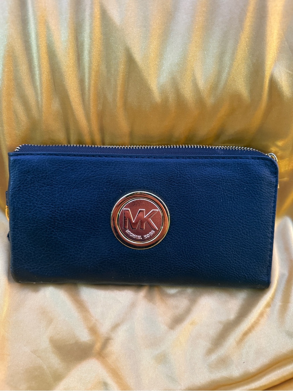 Michael Kors Dark Navy Leather Zip-Around Wallet with MK Emblem